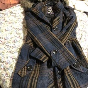 Navy blue and brown plaid coat w/ fur trim hood.